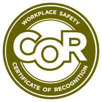 A green and white logo for the workplace safety certificate of recognition.